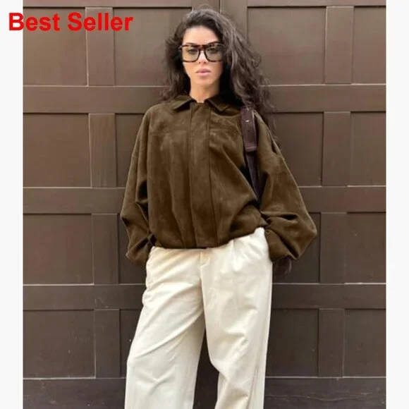 Faux Suede Bomber Jacket with Lapel Collar and Dolman Sleeves - Picture 5 of 7